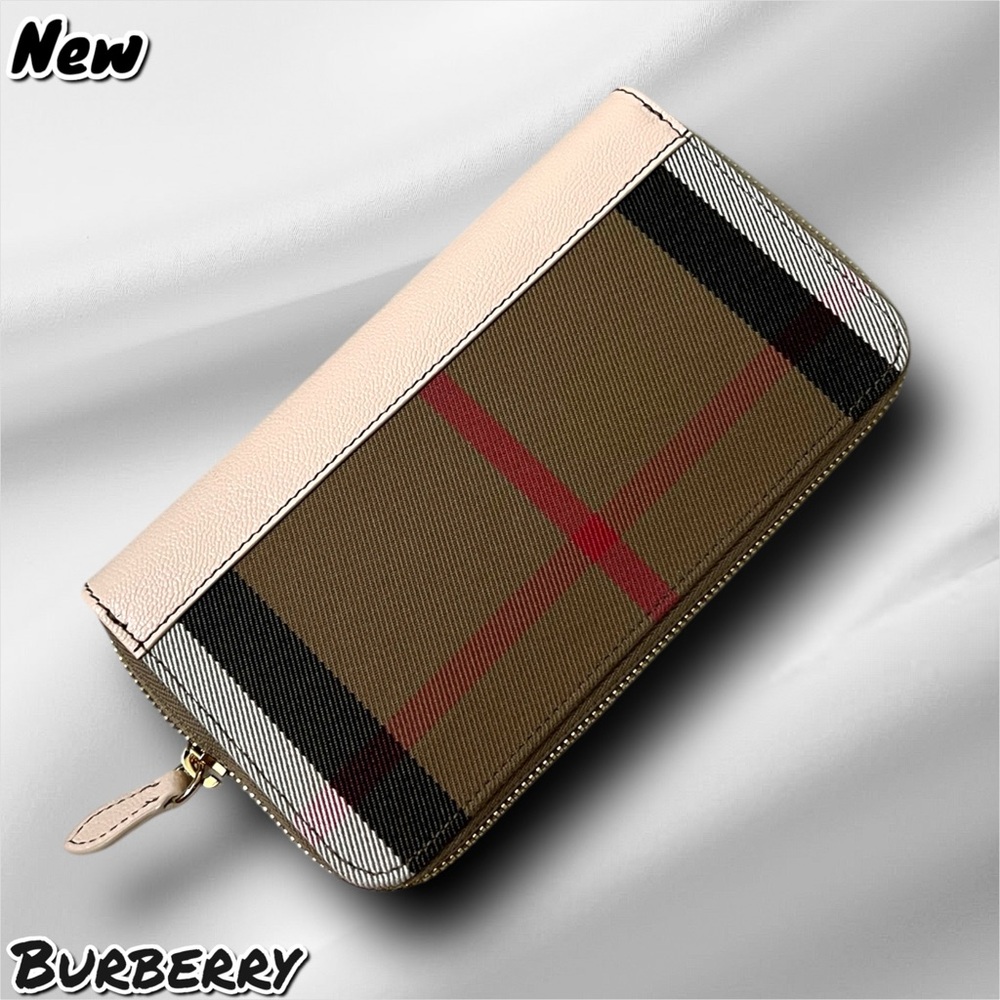 🔴New NWT Burberry Large Check Zip Around Leather Canvas Wallet Pale Cameo - Picture 5 of 8